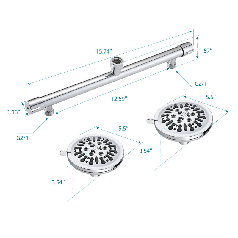 Double Shower Head with Built-in Valve, High Pressure 8 Setting Dual Shower Head Design, Chrome
