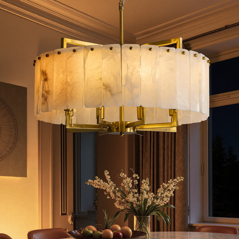 24" 8-Light Luxury Modern Chandelier, Handcrafted Natural Alabaster Shade, Polished Gold Finish, Dimmable LED Pendant Light for Dining Room Living Room Foyer