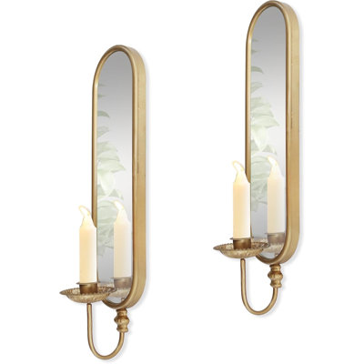 Set Of 2 Vintage Gold Iron Candle Sconce And Mirror, Rustic Metal Wall Candle Holders