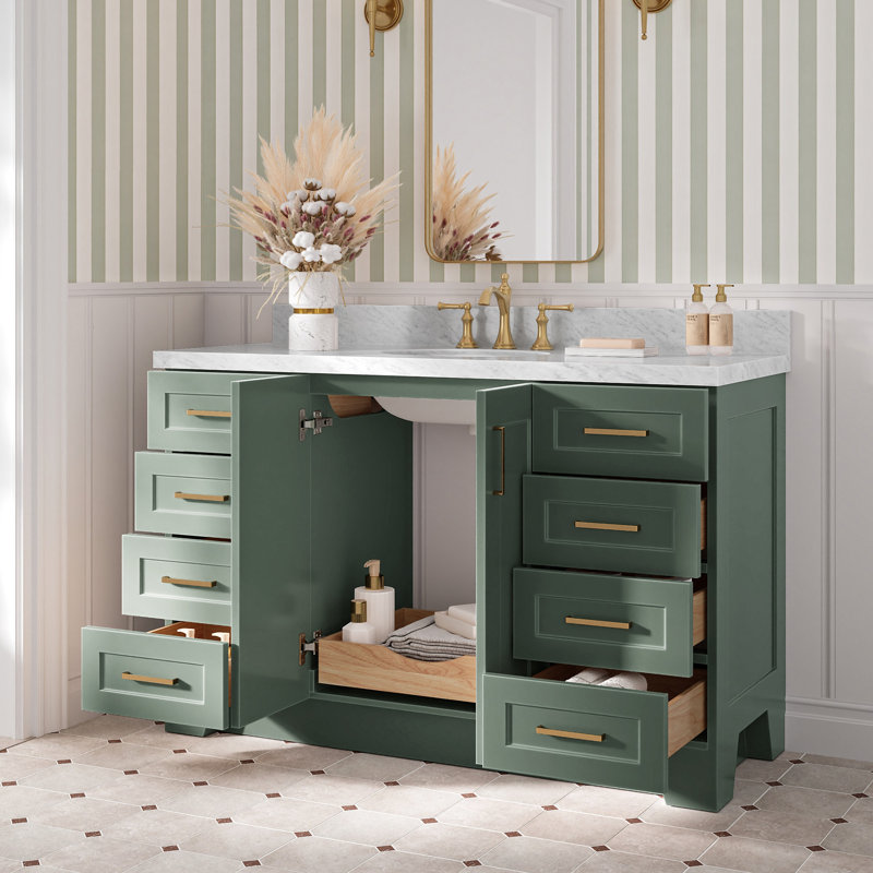 Frawley 54'' Solid Wood Single Bathroom Vanity with 1.5'' Carrara Marble Top, Gray, Oval
