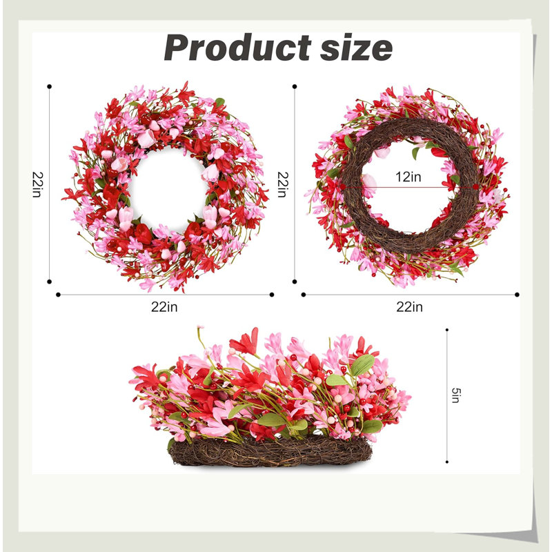 Couronne de Hikma romantique 22 po, cœur rouge tulipe rose base de vigne, décor de foyer mural de porte d'entrée durable, cadeau parfait pour les amoureux