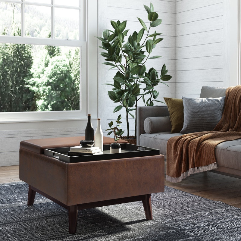 Repose-pieds capitonné rectangulaire Mid-Century avec plateau Owen, Similicuir brun châtaignier vieilli