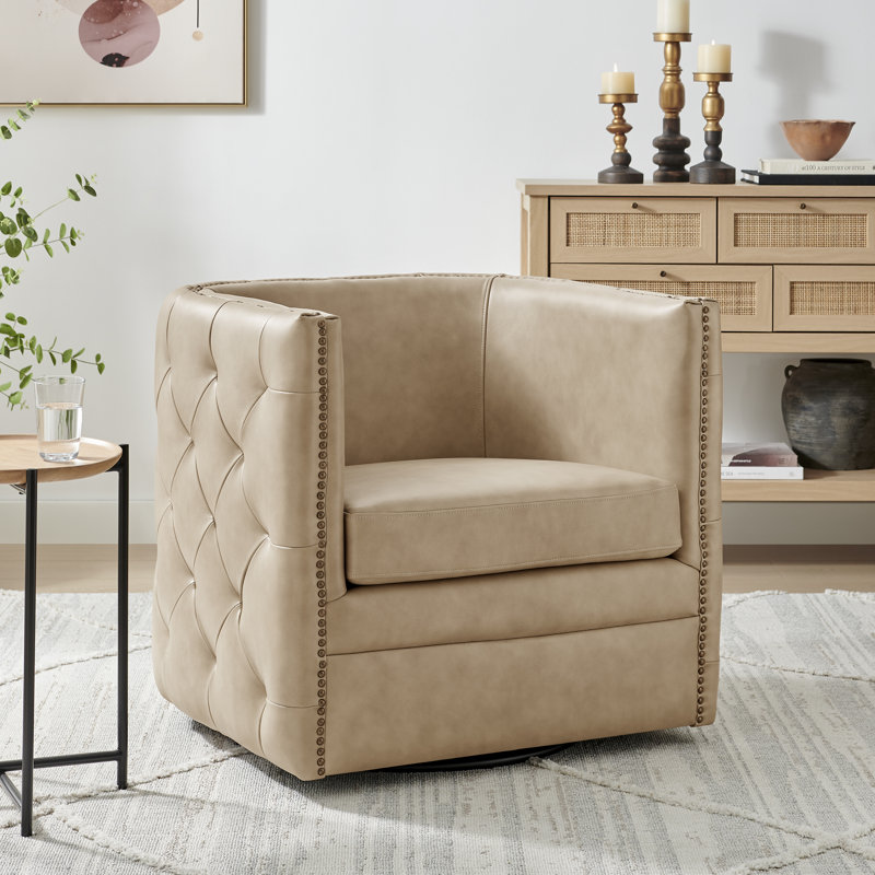 Calzada 31" Top Grain Leather Swivel Armchair, Beige 