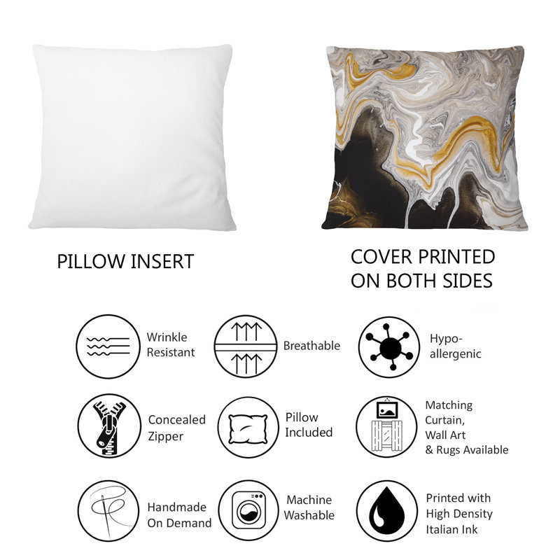 Black And White Liquid Marble Waves IV - Modern Printed Throw Pillow 1