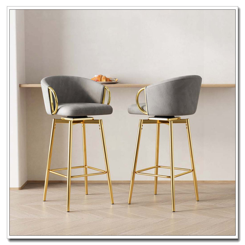 360°Swivel Upholstered Barstools, Grey, Gold