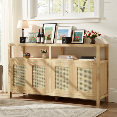 Sideboard with Adjustable Shelves & Push-to-Open Doors, Natural Wood Frame Buffet Cabinet
