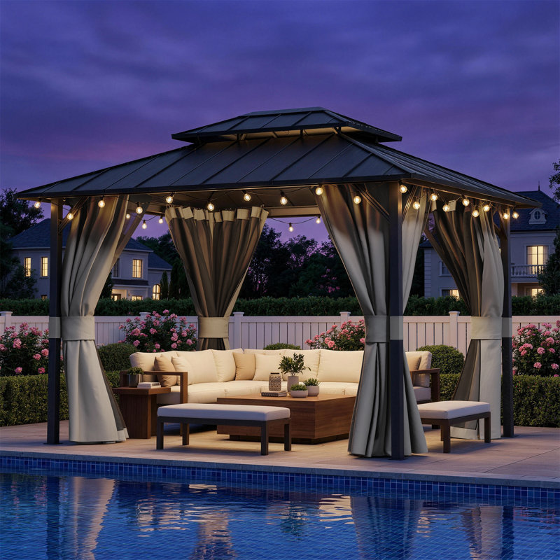10 Ft. W X 12 Ft. D Outdoor Ventilated Double Roof Patio Gazebo With Netting And Curtains, Dark Brown/Deep Gray