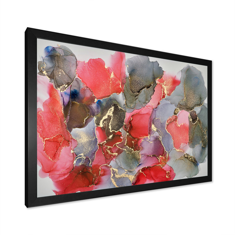 Fluide abstrait rouge et gris luxueux - peinture sur toile, H 16 po x l 32 po x P 1 po, Cadre photo noir