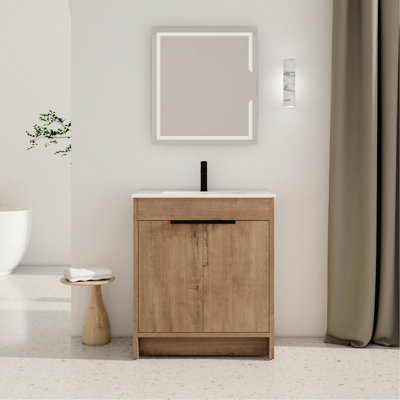 Armoire de salle de bain autoportante avec lavabo en céramique. 30 po de largeur. 2 portes à fermeture en douceur. Matériau en contreplaqué. Meuble-lavabo moderne. Taille. Style blanc