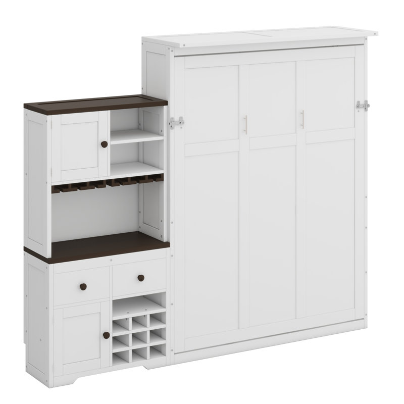Lit escamotable avec armoire de rangement, support à vin, porte-verre, tiroirs et bande à DEL multicolore, Blanc
