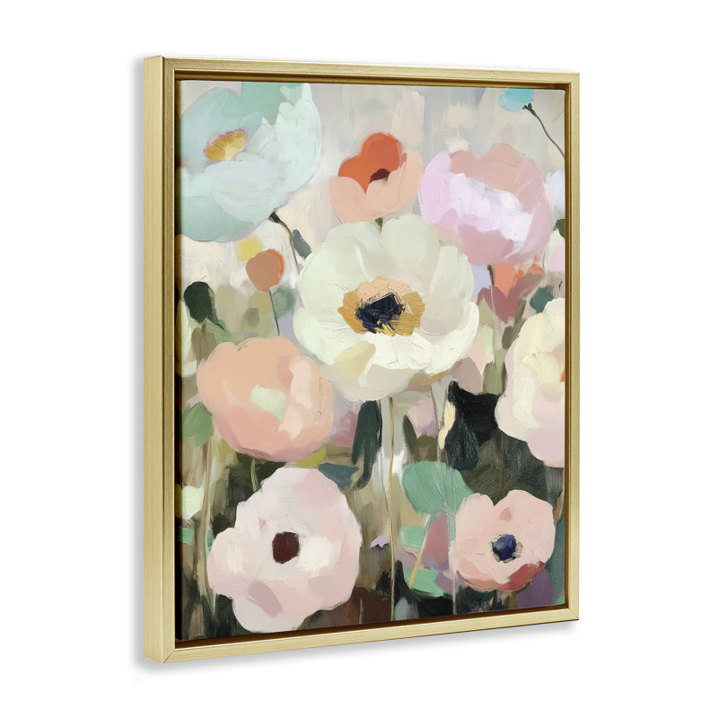 Cadre flottant jardin de fleurs de menthe, design par Annabelle Hall, H 21 po x l 17 po, Cadre flottant métallique doré