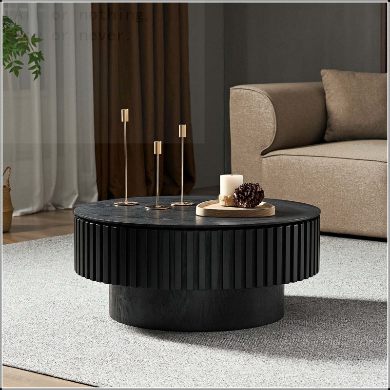 Table basse ronde en bois avec rangement et relief fabriqué à la main, Matt Black