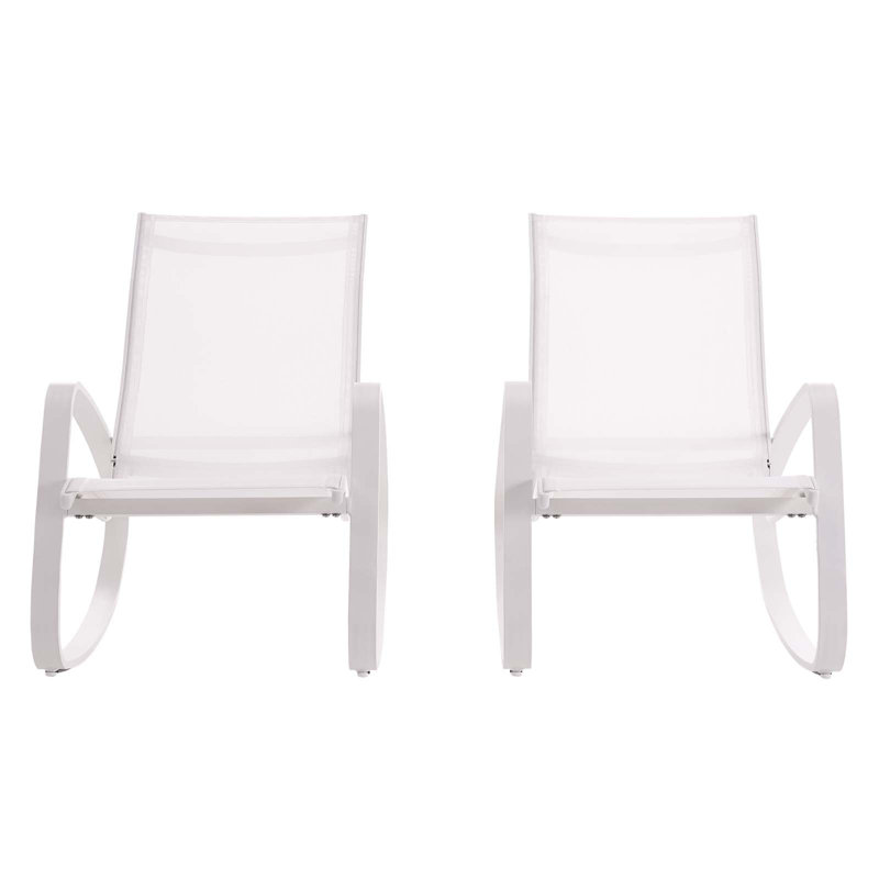 White Aluminum Mesh Rocking Lounge Chairs with Armrests, Set of 2