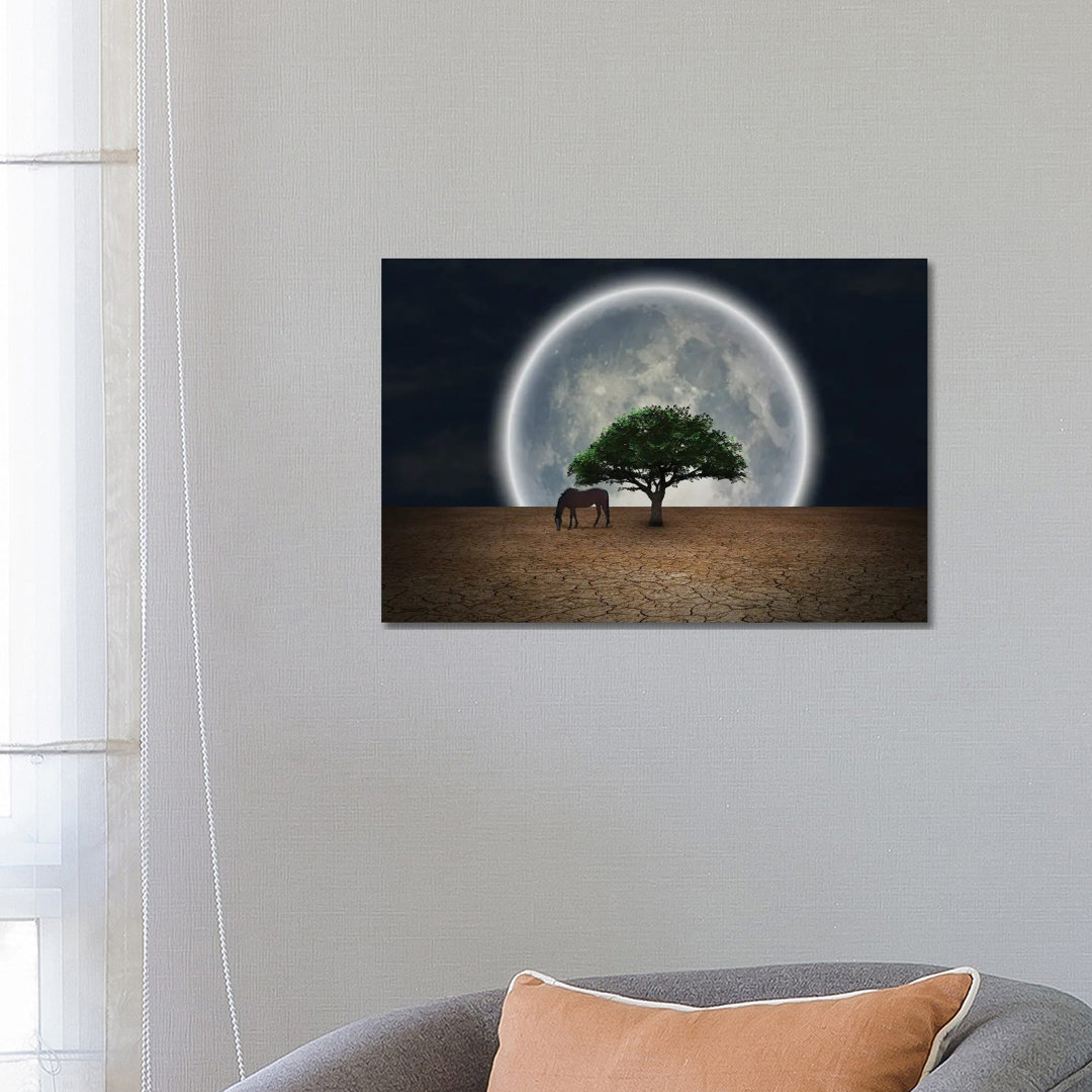 Surrealism Horse Grazes Near Green Tree In Arid Land Full Moon At The Horizon von Bruce Rolff - Gallery-Wrapped Canvas G...