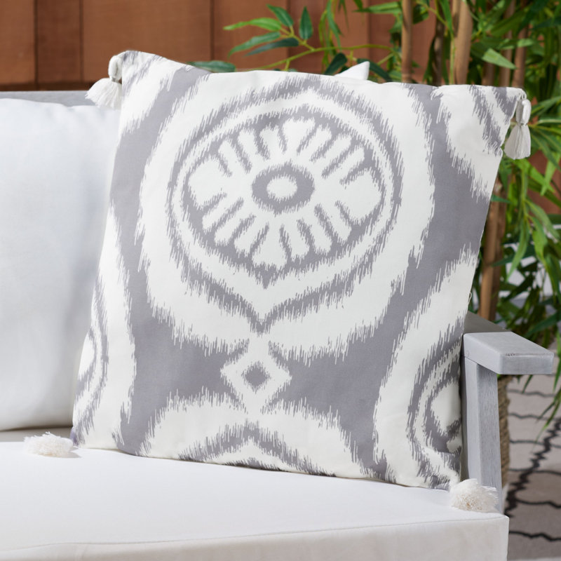 Gray and White Ikat Square Outdoor Pillow with Tassels