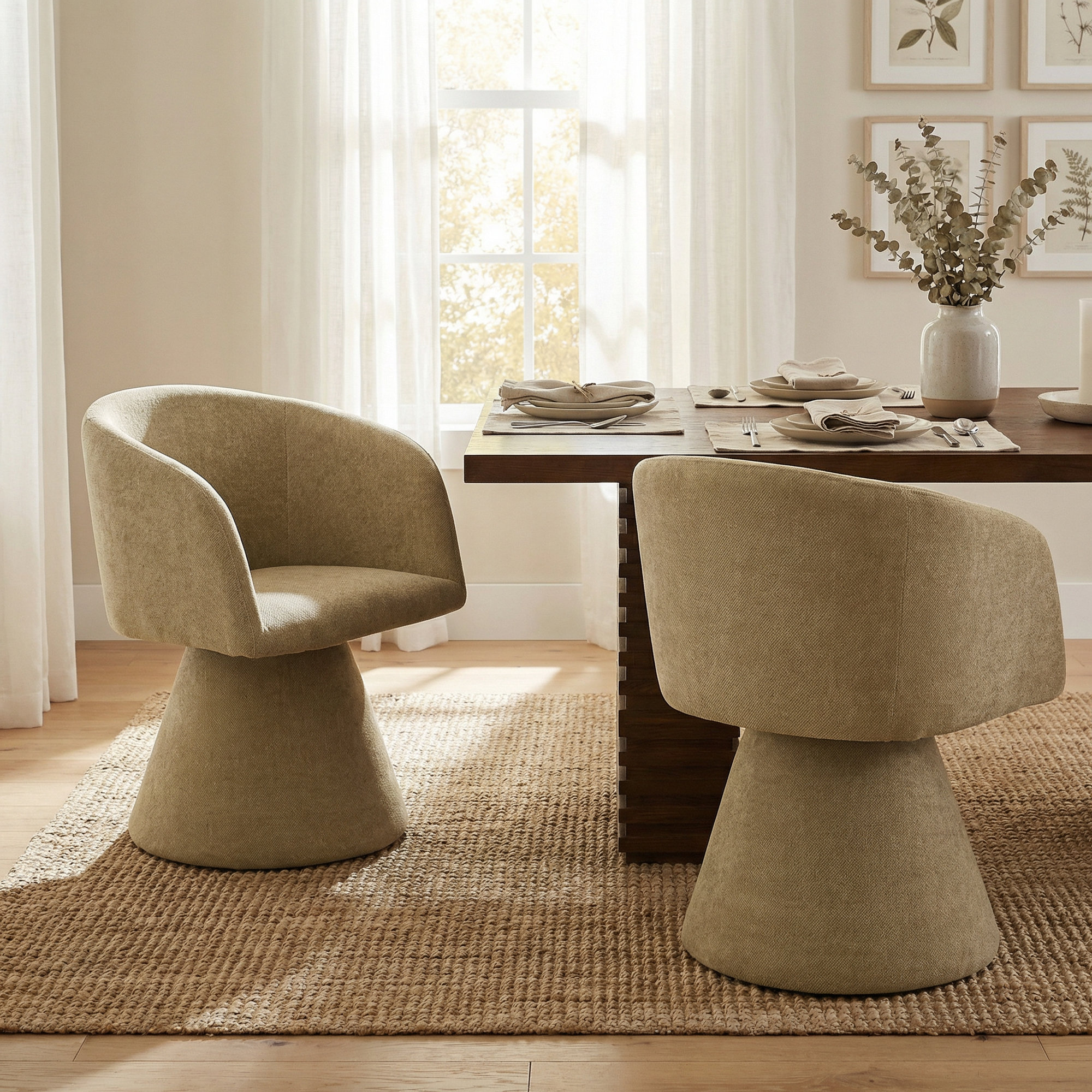 Swainswick Modern Sculptural Upholstered Swivel Dining Chairs with Pedestal Base, Moss Green