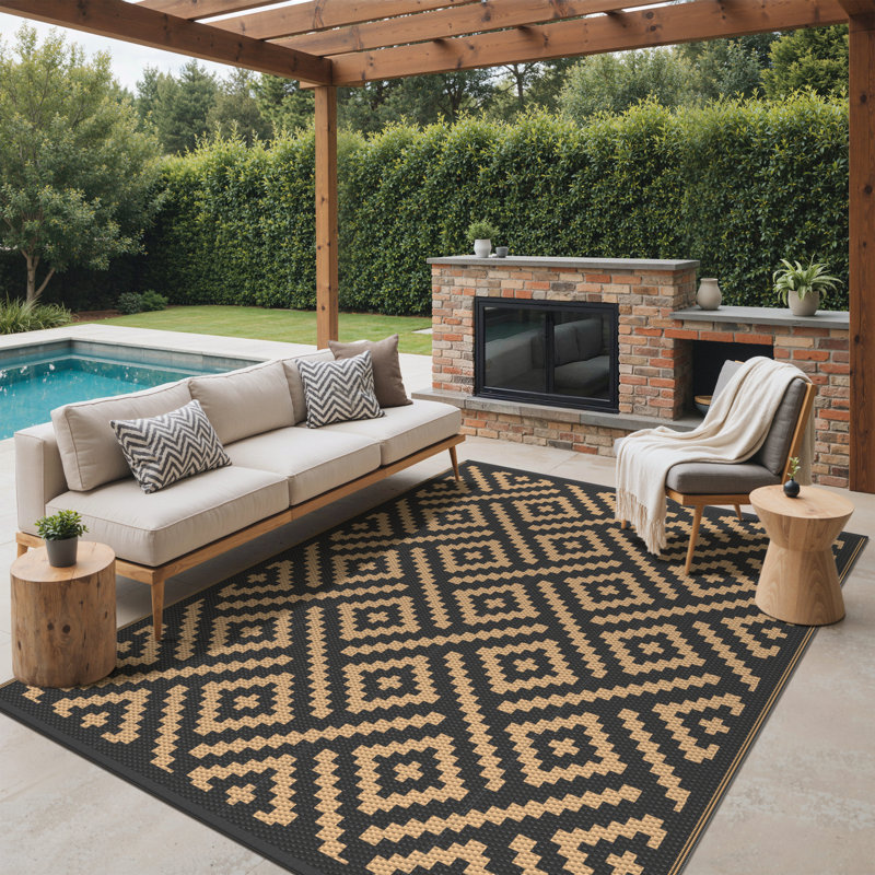 Shimeek Reversible Black / Brown Waterproof Outdoor Mat, Polyester, Rectangle 7'10" x 10'3"   
