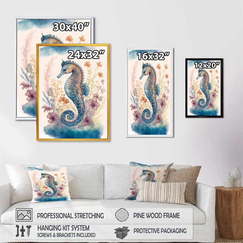 «Cute Baby Seahorse In The Deep Sea II», reproduction sur toile, H 40 po x l 30 po x P 1,5 po, Toile avec cadre flottant or