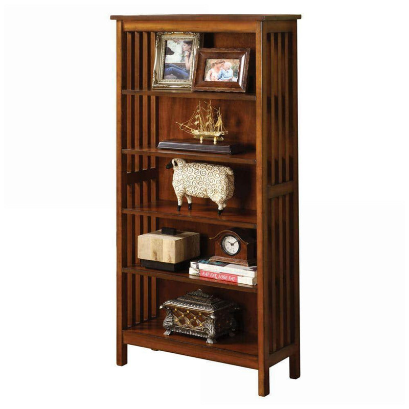 Bibliothèque, bibliothèque multimédia en bois massif à 5 tablettes avec finition chêne antique | Transitionnel | Bois massif
