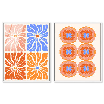 «Vibrant Floral Symmetry», ensemble de décorations murales imprimées sur toile par Art Remedy, cadre blanc, 30 x 36