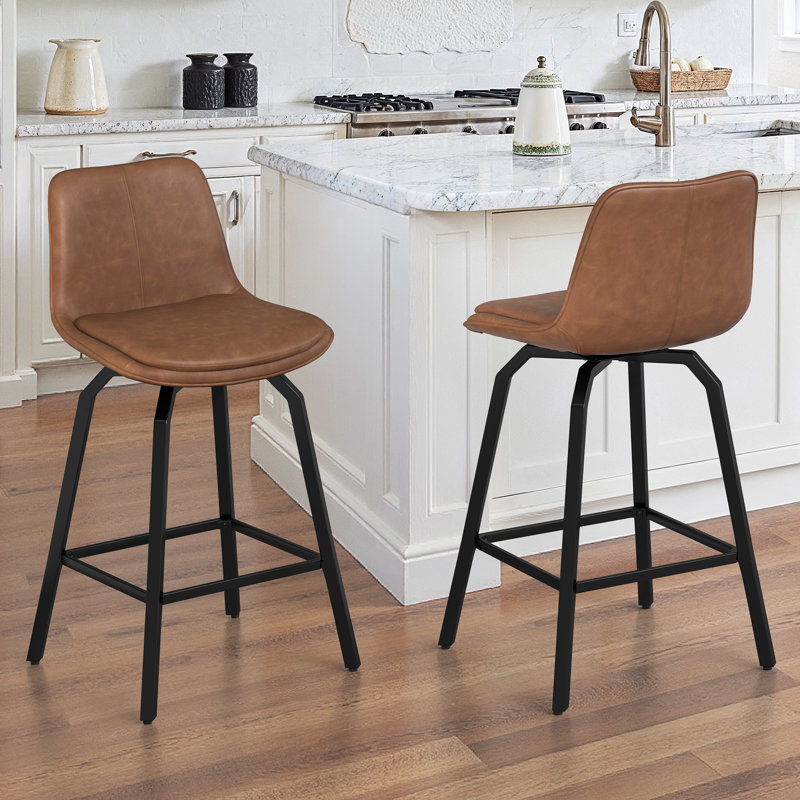 Yannis 26''H Faux Leather Swivel Barstools, Brown, 2