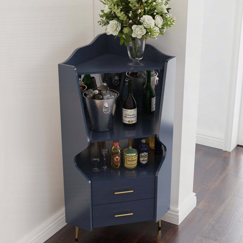 Bar d'angle en bois avec dossier en miroir et pieds hauts, Bleu