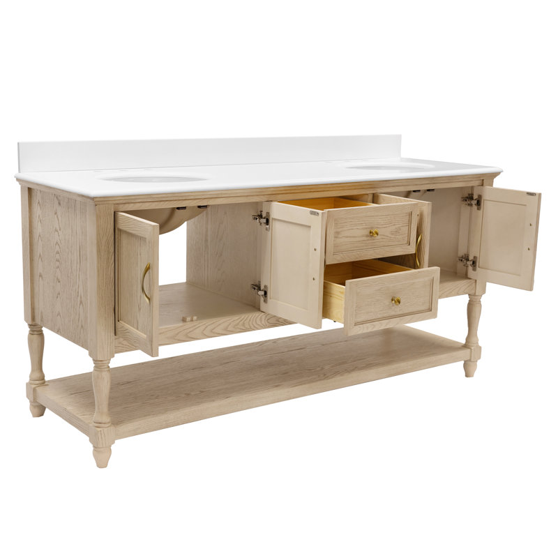 Hampton 72" Double Bathroom Vanity Set, Engineered White, Greige Oak