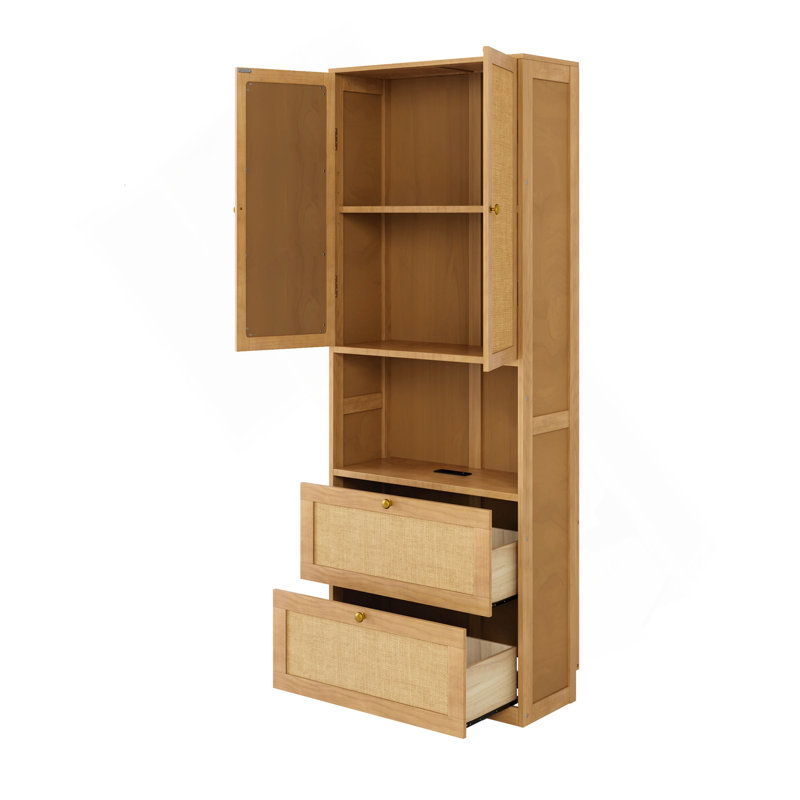Bibliothèque 2 portes avec port USB et 3 tiroirs avec tablettes latérales, naturel, Naturel