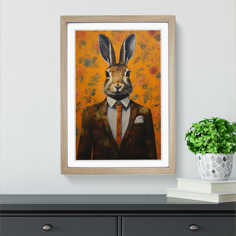 Hare in a Suit Painting - Framed Print, 64cm H x 46cm W, Oak Framed