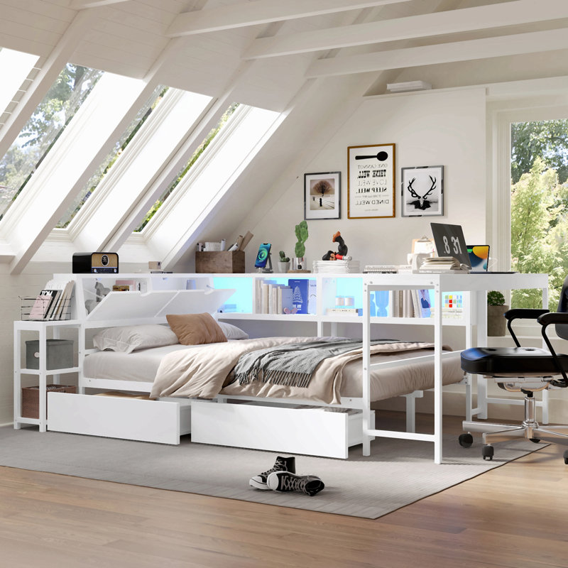 Structure de lit d'angle simple avec bibliothèque et 2 tiroirs de rangement sous le lit, lit moderne avec éclairage à DEL et station de charge, interchangeable gauche et droite