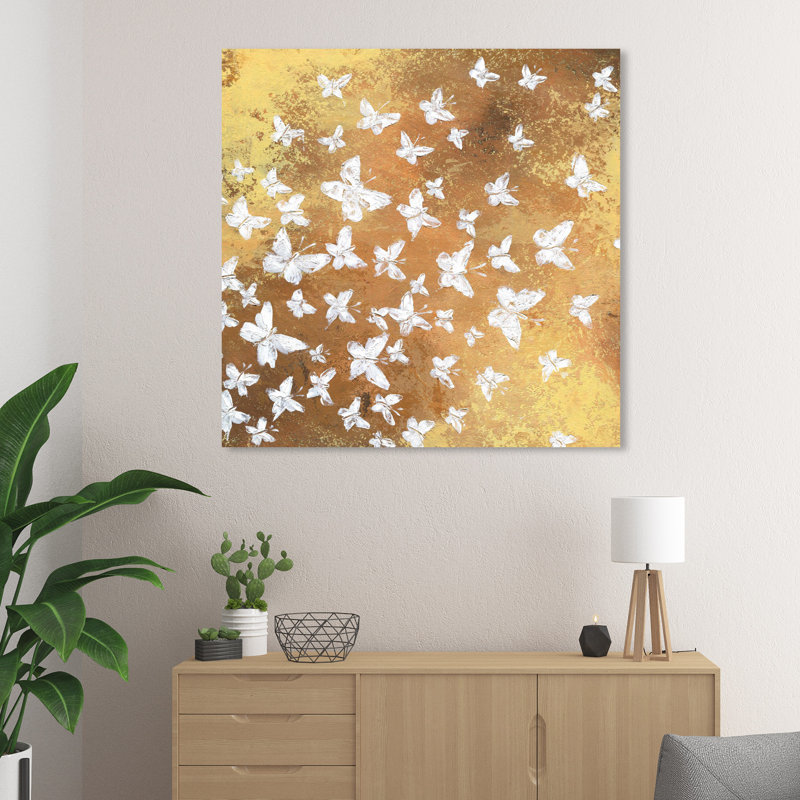Animaux, papillons dorés dans le vent, insectes - peinture sur toile, H 40 po x l 40 po, Toile tendue
