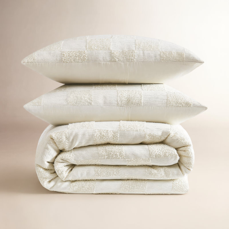 Ensemble de couette Lora, Housse de couette pour grand lit et 2 taies décor, Crème, crème