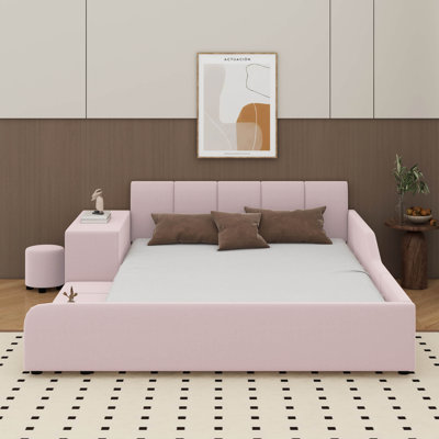 Queen Size Upholstered Grounded Bed With Bedside Desk And Little Round Stool