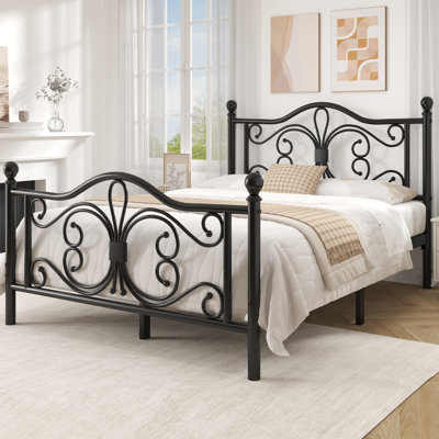 Full Metal Bed Frame with Butterfly Design Headboard and Footboard, Sturdy Metal Slats Support, Adequate Under-Bed Storage, No Box Spring Needed, Easy Assembly, Black