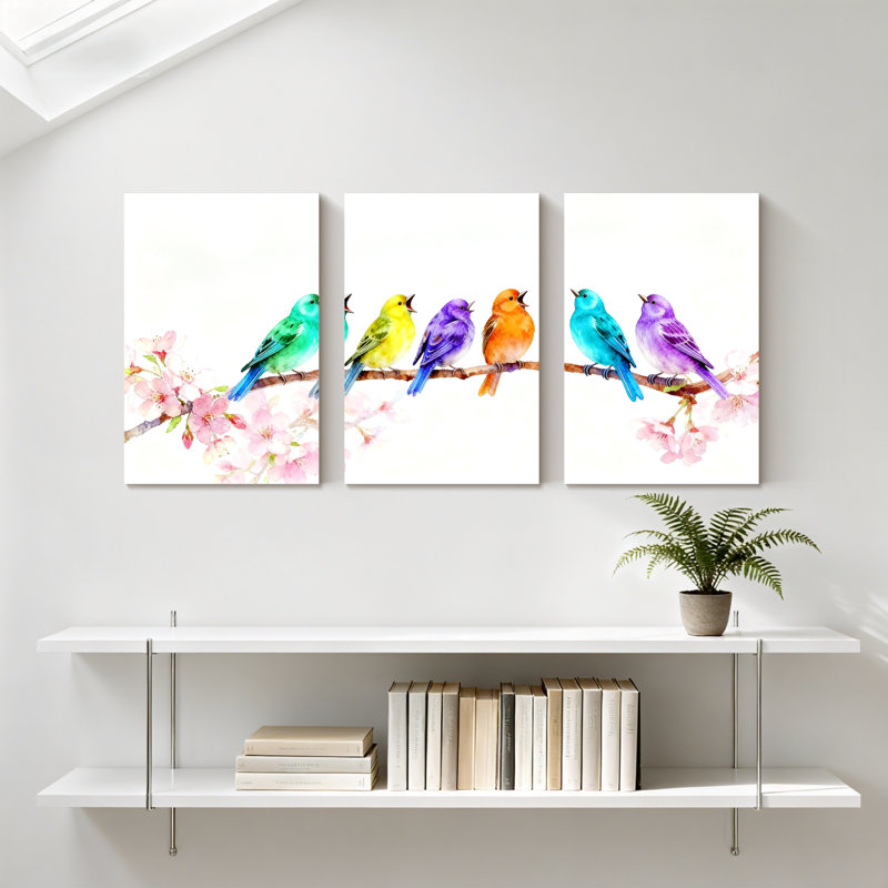 Oiseaux colorés sur une branche de cerisier en fleurs, ensemble de 3 impressions sur toile, H 18 po x l 36 po