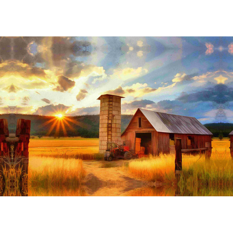 Coucher de soleil sur la grange - reproduction sur toile tendue, H 32 po x l 48 po