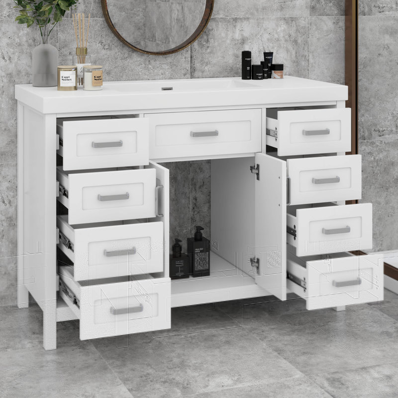 Meuble-lavabo 48 po avec lavabo, 2 portes et 8 tiroirs 48 po, Blanc