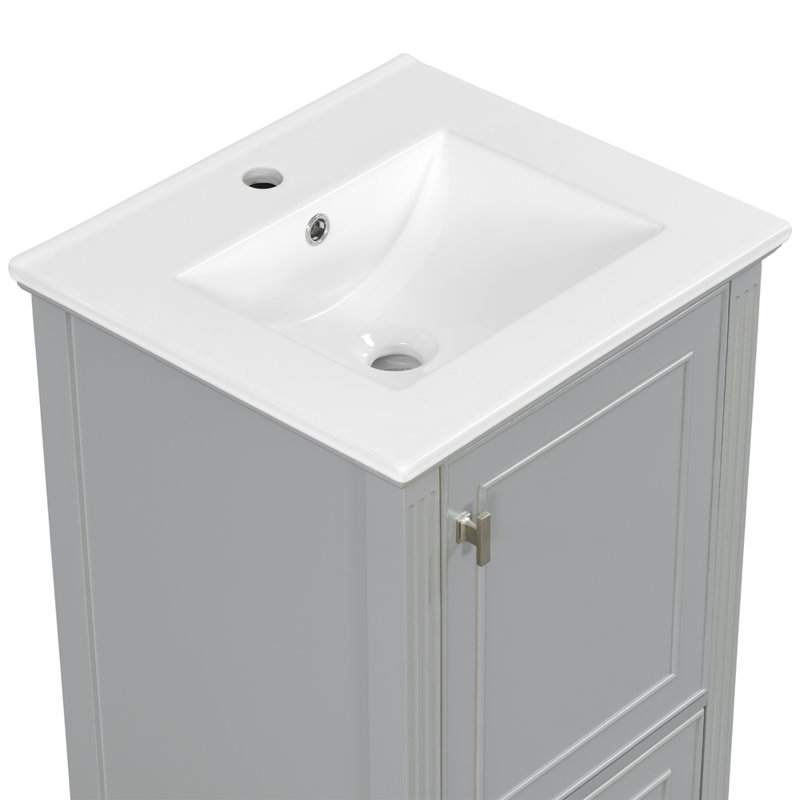 [Vidéo] Meuble-lavabo de 20 po avec lavabo en céramique, pieds en bois massif, meuble-lavabo autoportant avec armoire de rangement, tiroirs et portes à fermeture en douceur, support de rangement, gris