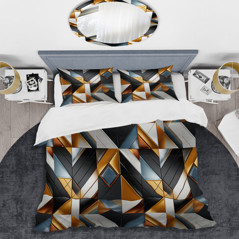 Natural Tones Grey And Beige Mosaic Geometric Shapes Duvet Cover, King Duvet Cover + 2 King Shams, Geometric Shapes 2