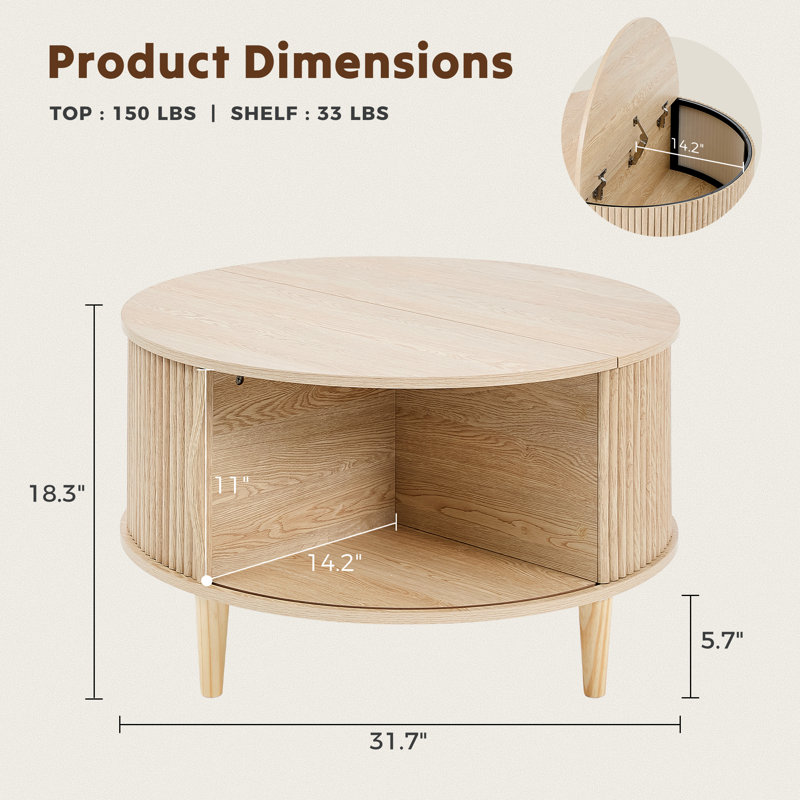 32'' Round Lift-Top Coffee Table with Tambour Sliding Door Storage, Natural wood