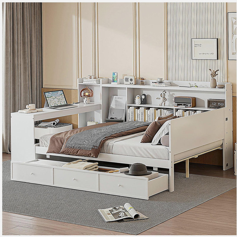 Canapé-lit en bois avec 3 tiroirs, ports USB et bureau, Lit double, Blanc