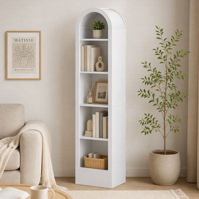 Petite bibliothèque cintrée de 170 cm de haut, style moderne du milieu du siècle, à 5 niveaux, avec étagère ouverte pour la salle à manger, le salon ou la chambre, blanche.