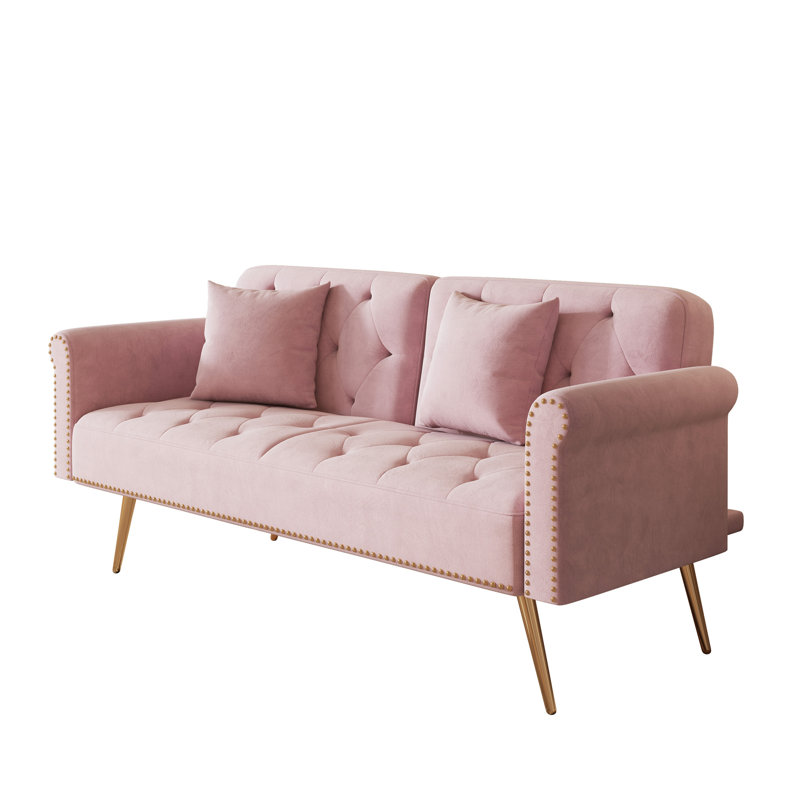 Canapé-lit convertible 69,7 po en velours rose ultra doux, garniture cloutée et coussin décoratif assorti