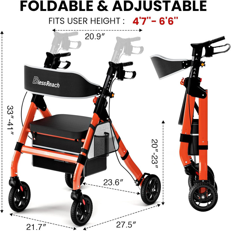 Déambulateurs pliables avec siège pour personnes âgées, capacité de 450 lb, roues de 8 po, grand siège de 18 po, hauteur réglable à 6 positions, déambulateur roulant en aluminium robuste