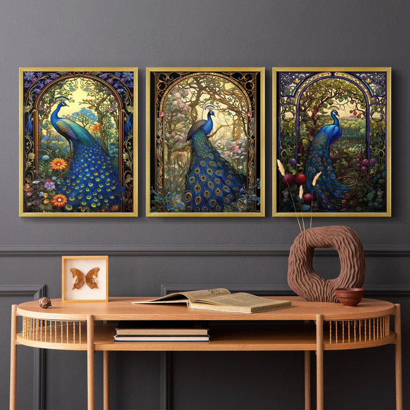 Série Peacock - Ensemble de 3 estampes numériques encadrées - Prêt à être accroché, Doré, H 14 po x l 11 po