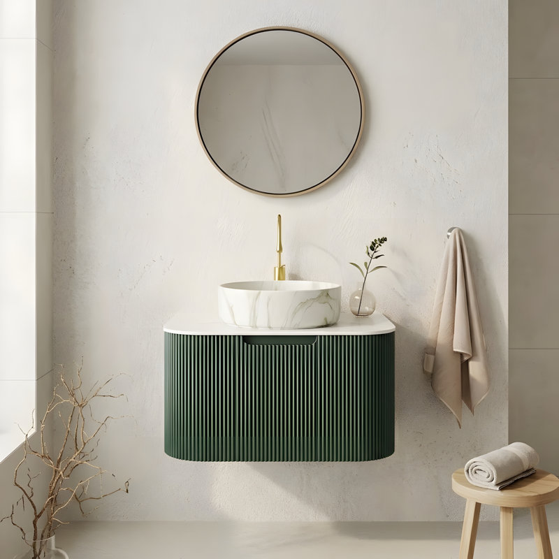 Meuble-lavabo suspendu de 61 cm avec tiroir de rangement et lavabo rond blanc mat, 24, Blanc mat