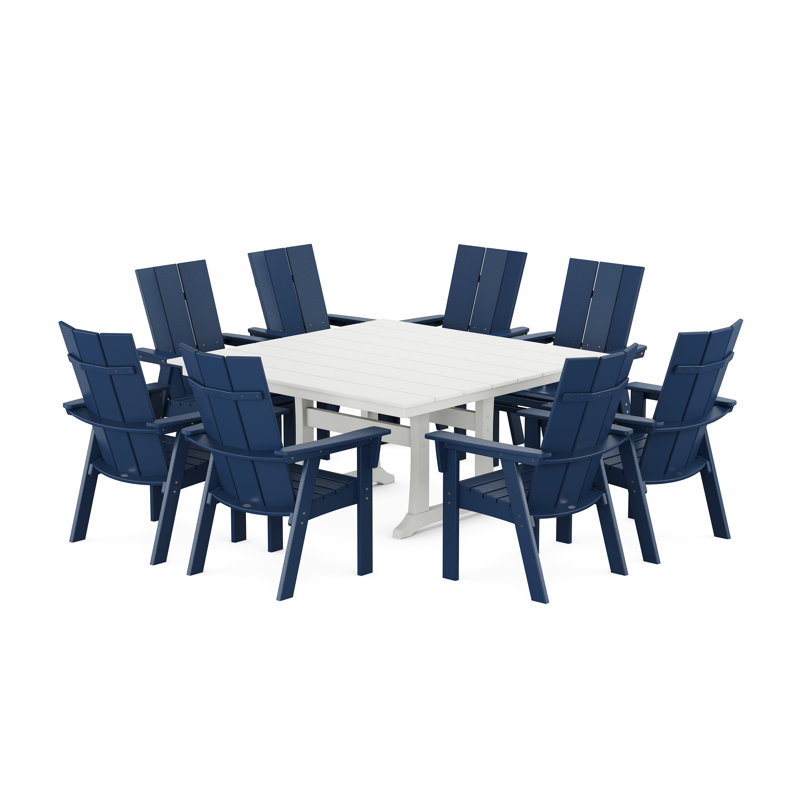 Ensemble de salle à manger POLYWOOD, 9 pièces : table, 8 chaises, Bleu marine/blanc