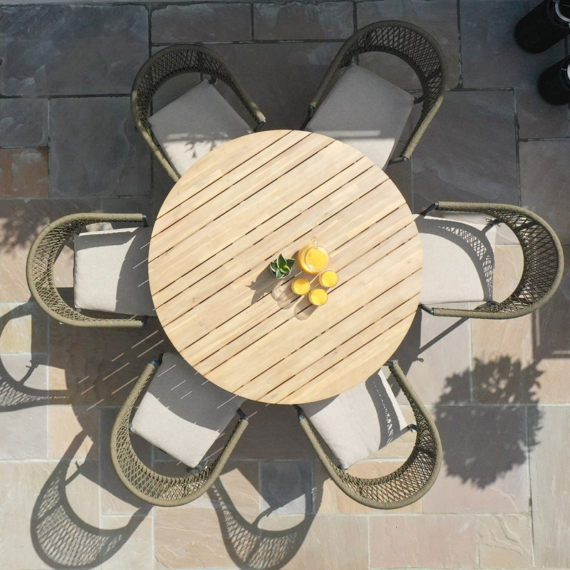 Adero Rope Weave 6 Seat Round Fixed Dining Set / Sandstone