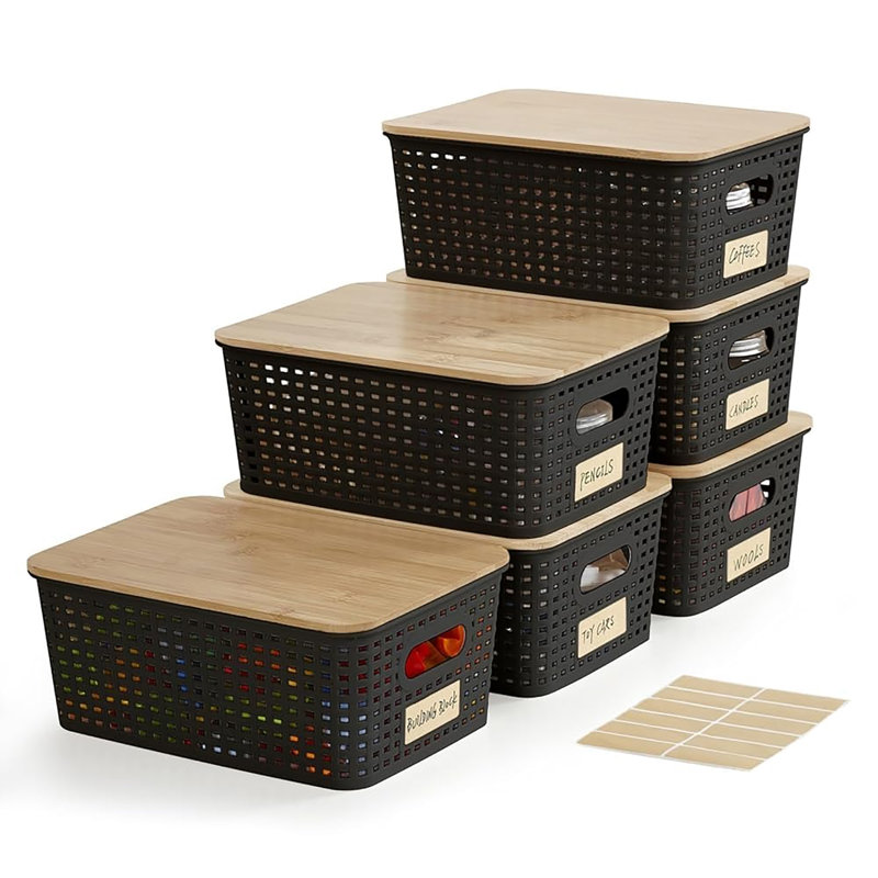 Set of 6 Stackable 5.2QT Plastic Storage Containers With Bamboo Lids & Label Holder, 10×7.2×4.1 Inch Multipurpose Organizer Bins for Pantry Closet Desk Office