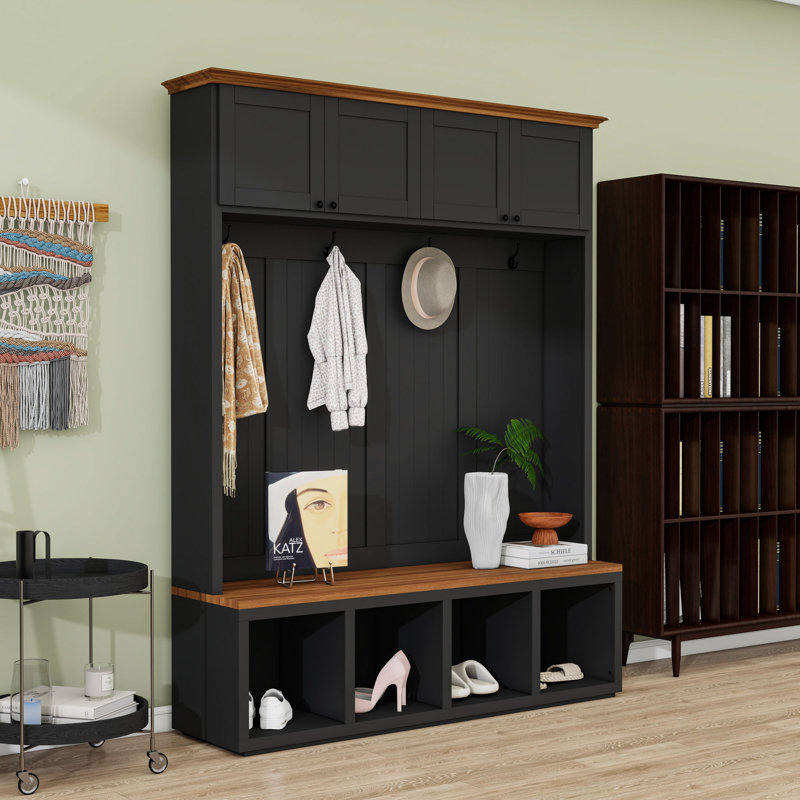 Hall Tree with Storage Bench, 4 Cabinets, 4 Open Compartments and 4 Hooks, Black